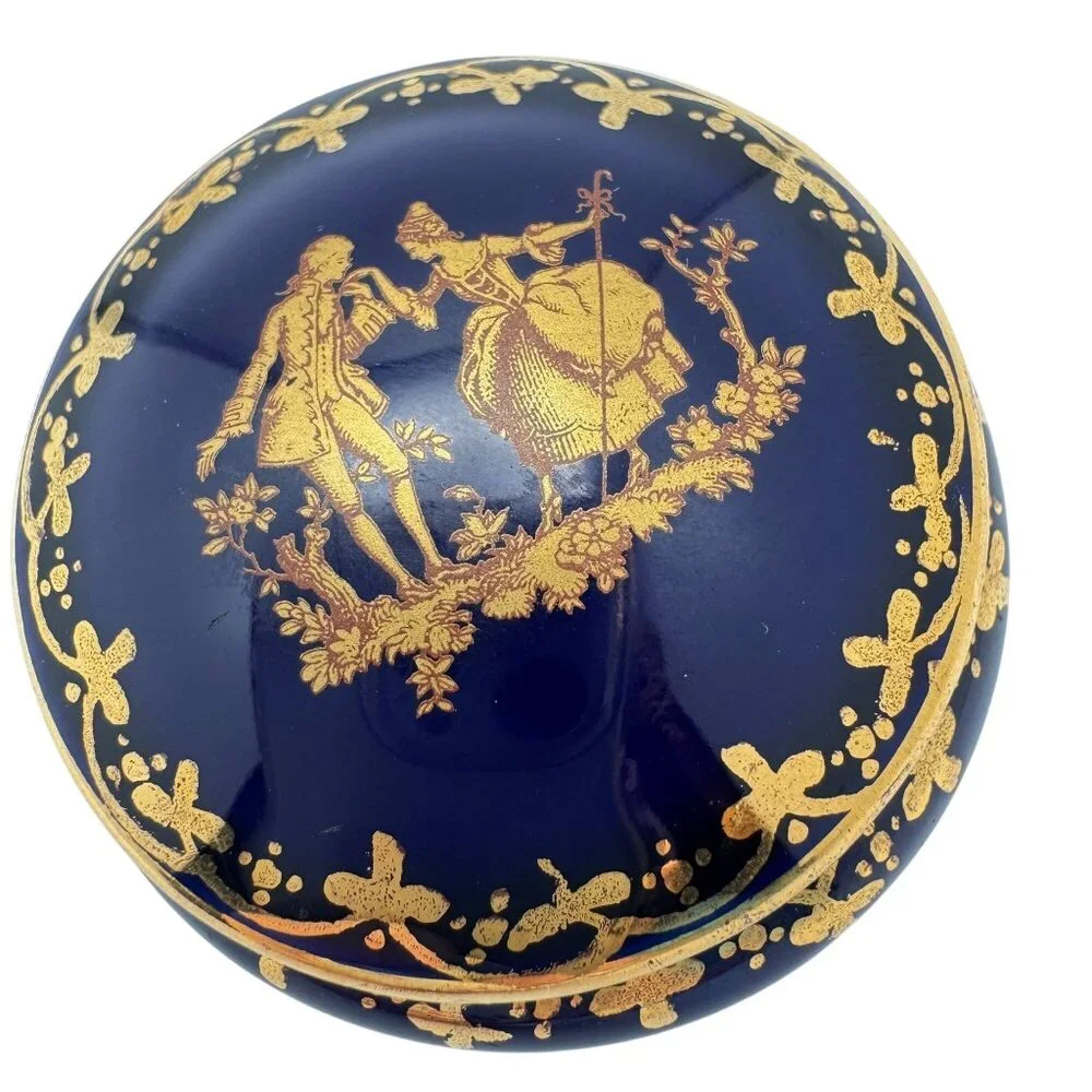 Limoges France Blue Courting Couple Trinket Pill Box Gold Trim Signed Vintage